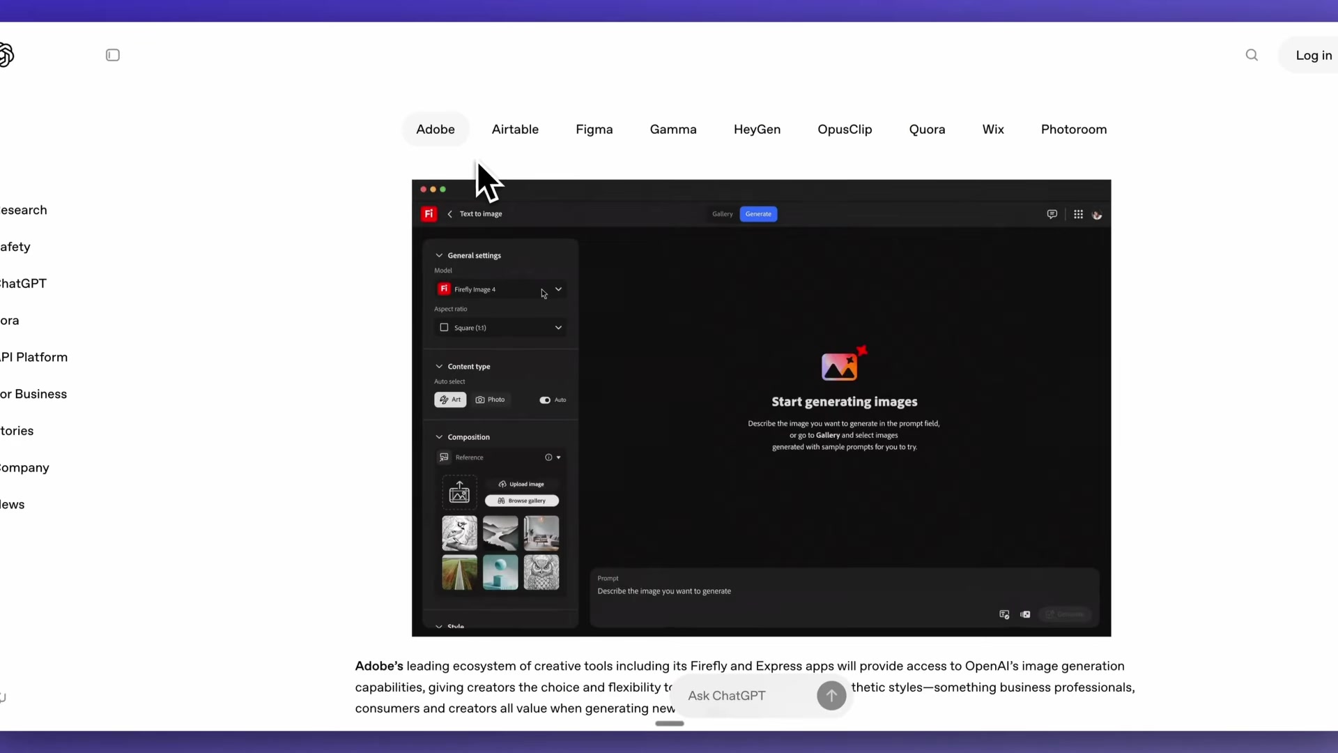 Example of Adobe integrating the image generation UI